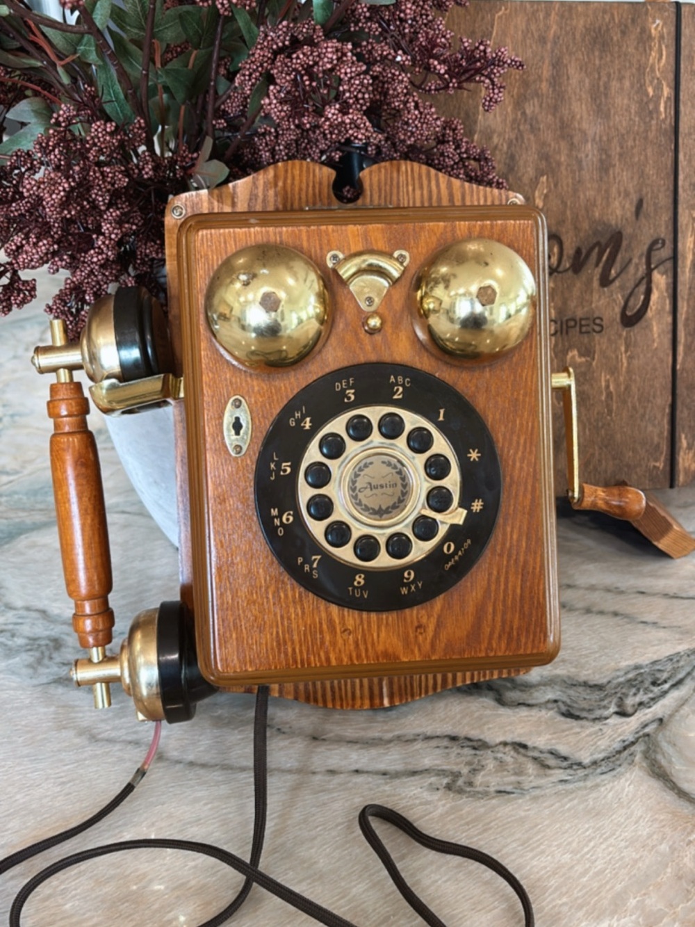Vintage Spirit of St. Louis Wood Rotary Telephone with Wall Mount Hooks, WORKS!